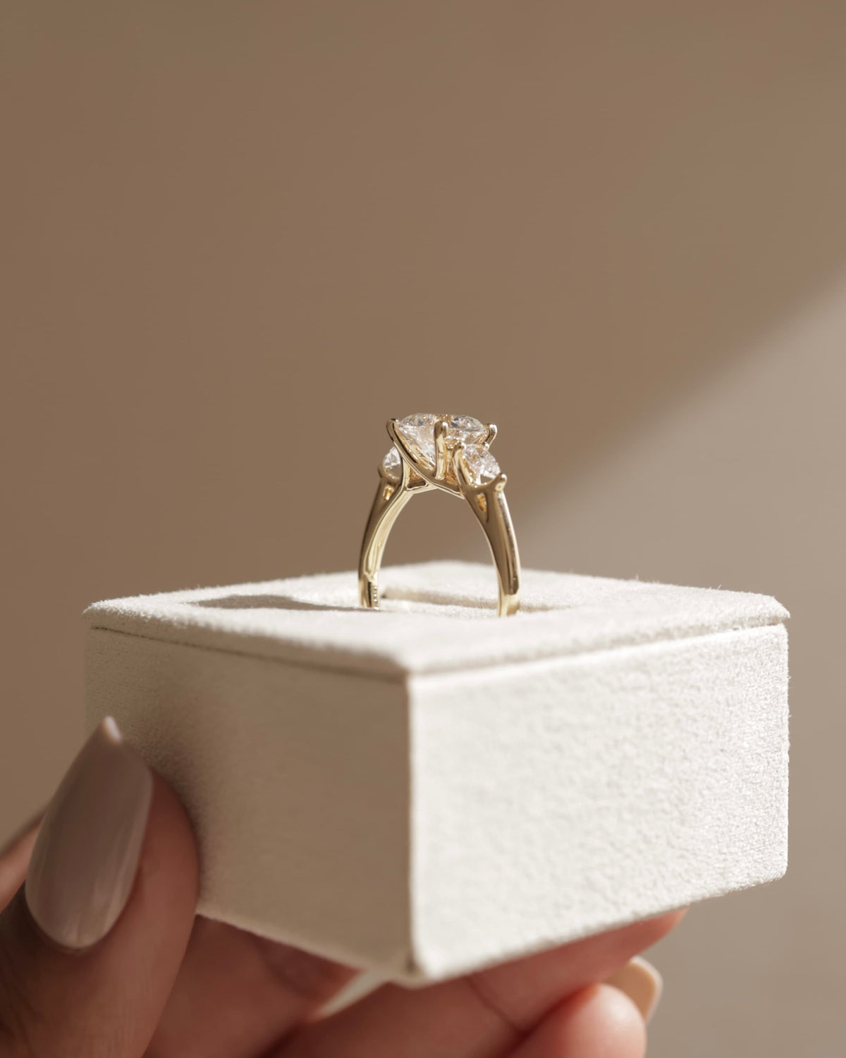 Adelyn - Round Claw Trilogy with Pear Side Stones and Open Trellis Gallery Engagement Ring - Yellow Gold