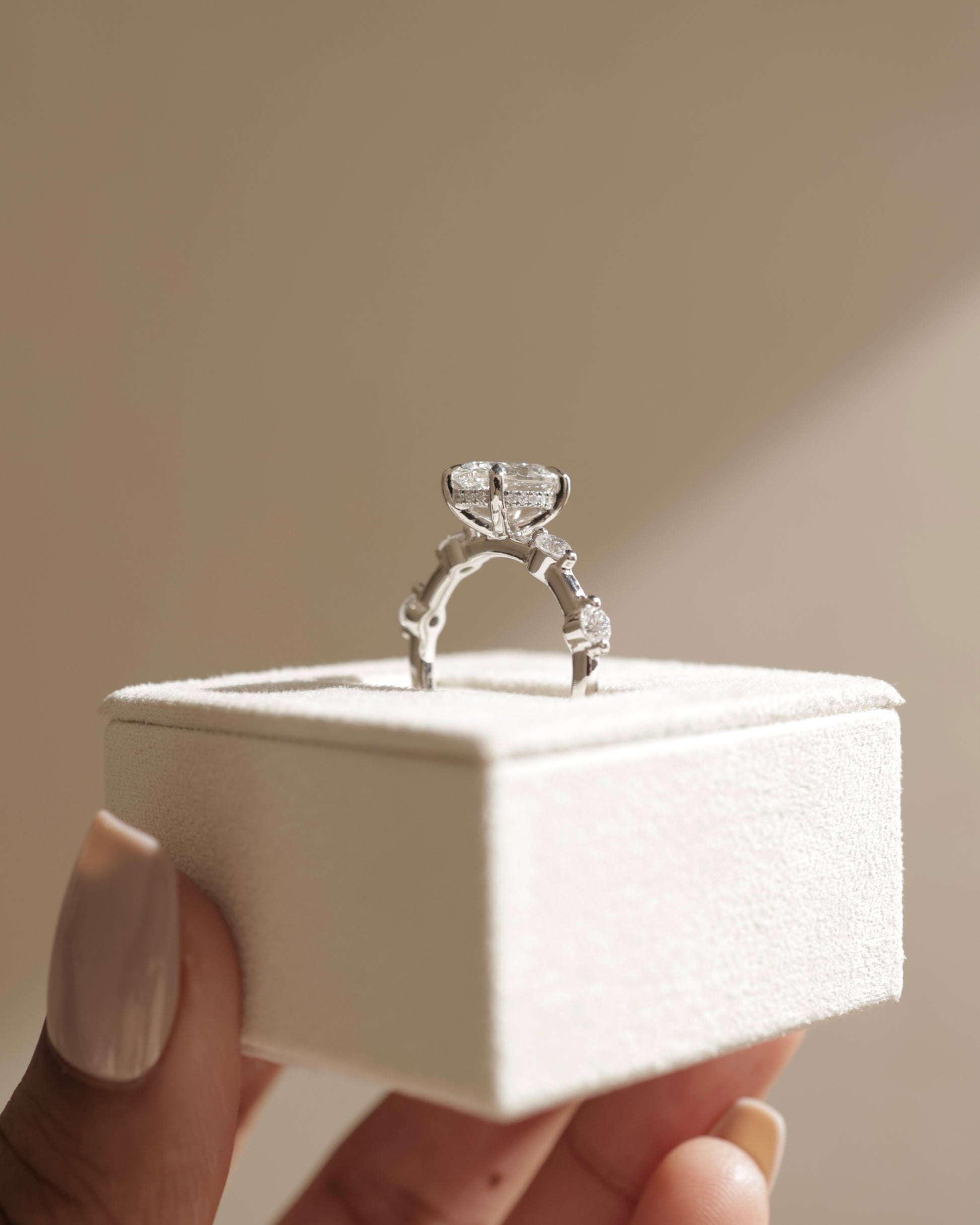 Arwen - Oval Claw Solitaire with 4 Spaced Round Accent Stones and Hidden Halo Engagement Ring - Platinum - Lifestyle