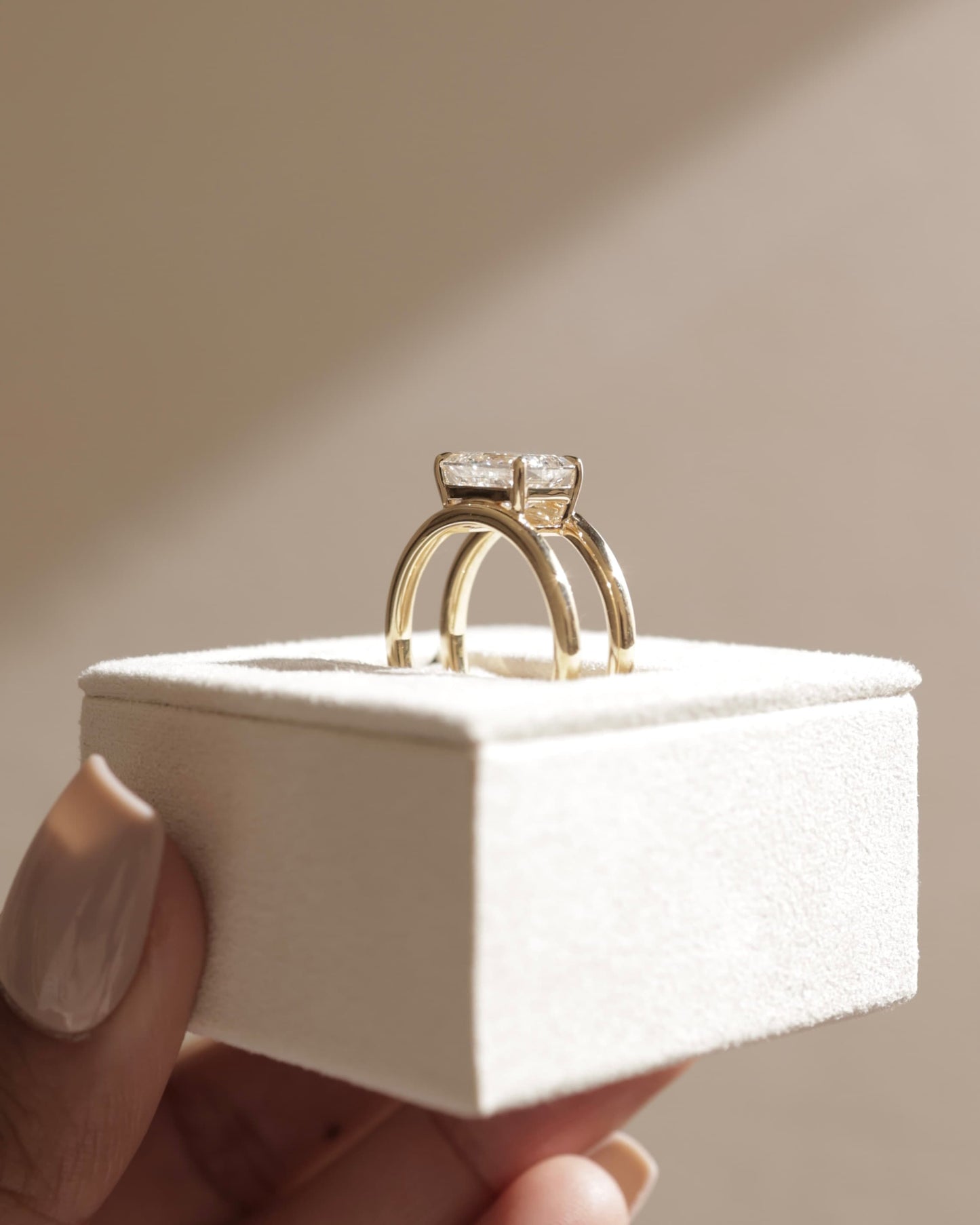 Devon - Emerald East West Claw Solitaire with Spaced Double Band Engagement Ring - Yellow Gold