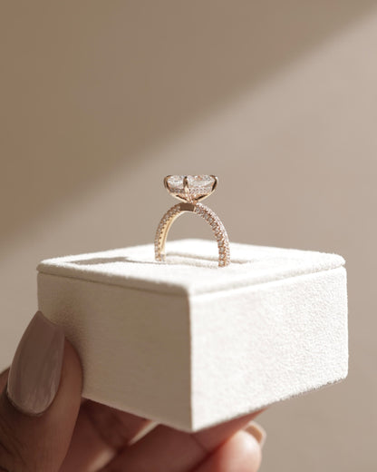 Irene - Radiant Claw Solitaire with Hidden Halo and Triple Pave Band Engagement Ring - Yellow Gold