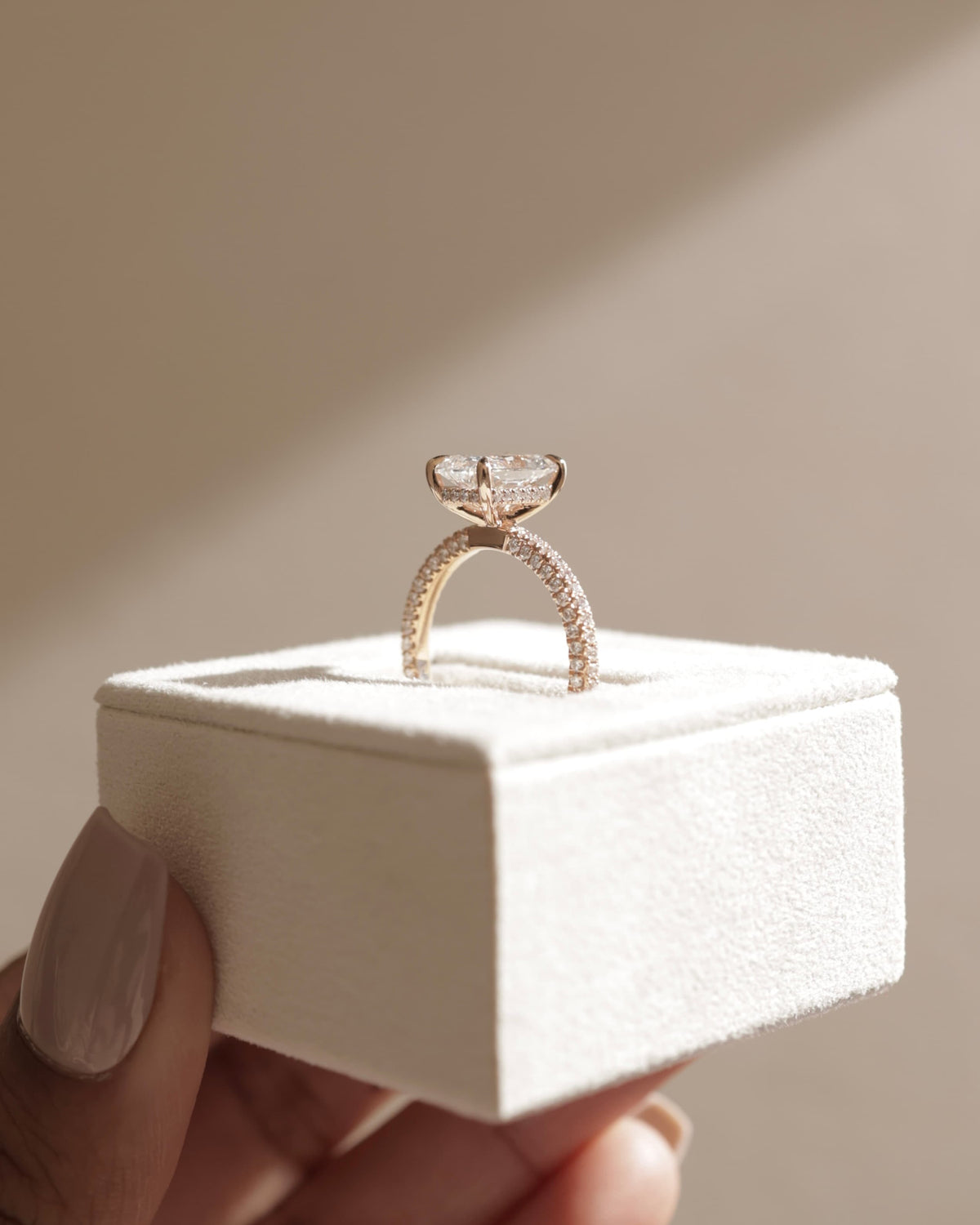 Irene - Radiant Claw Solitaire with Hidden Halo and Triple Pave Band Engagement Ring - White Gold