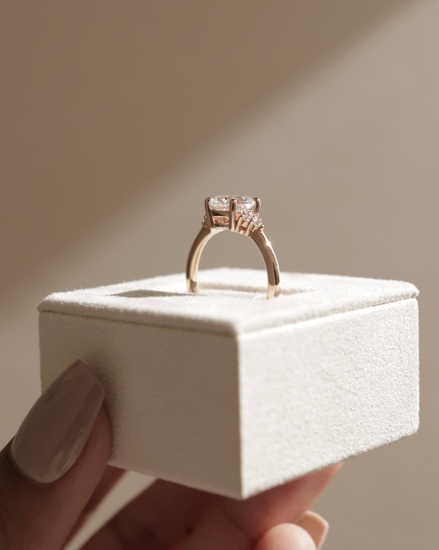Lena - Cushion Claw Solitaire with Round Shoulder Stones Engagement Ring - Yellow Gold