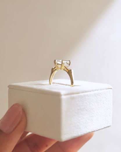 Myrtle - Elongated Hexagon Claw Trilogy with Tapered Baguette Side Stones and Cathedral Setting Engagement Ring - Yellow Gold