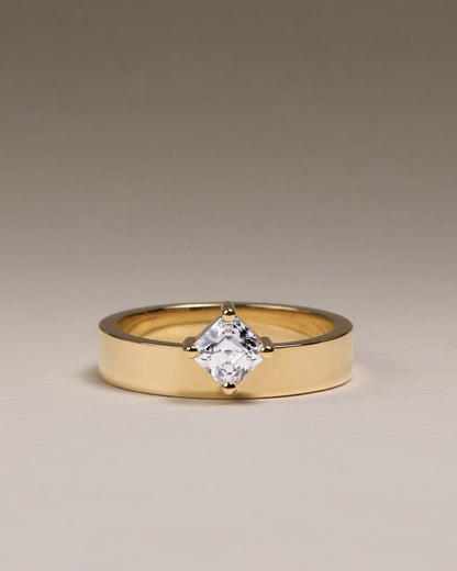 Vicki - Asscher Claw Solitaire with Offset Setting and Flat Cigar Band Engagement Ring - Yellow Gold