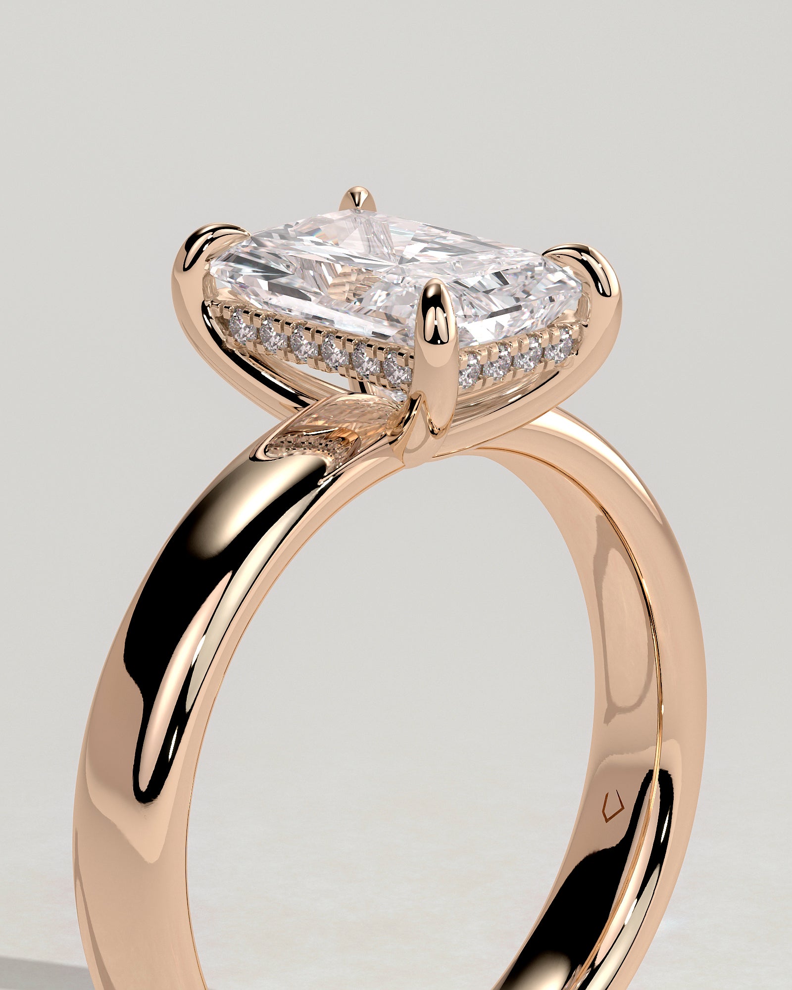 Angelina - Radiant Claw Solitaire with Cigar Band and Hidden Halo Engagement Ring - Rose Gold - Rose Gold 2ct
