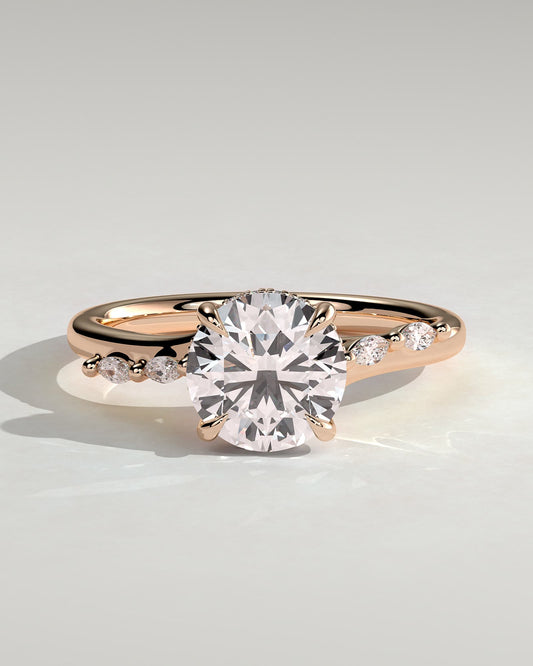 Leslie - Round Claw Solitaire with Hidden Halo, Opposing Marquise Accents and Cathedral High Setting Engagement Ring - Rose Gold