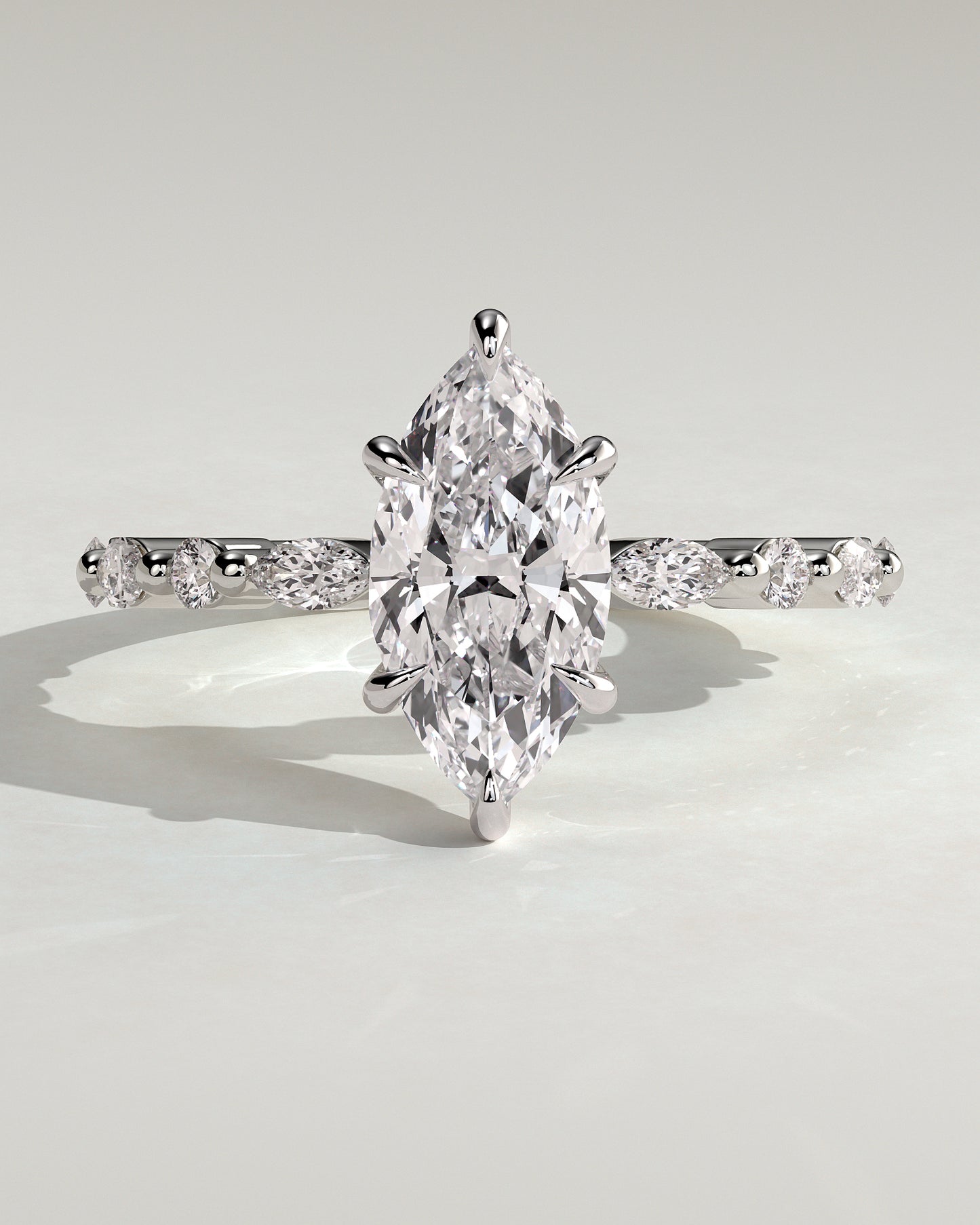 Beatrice - Marquise Claw Solitaire with Marquise and Round Accent Stones Engagement Ring - Platinum - White Gold / Platinum 2ct