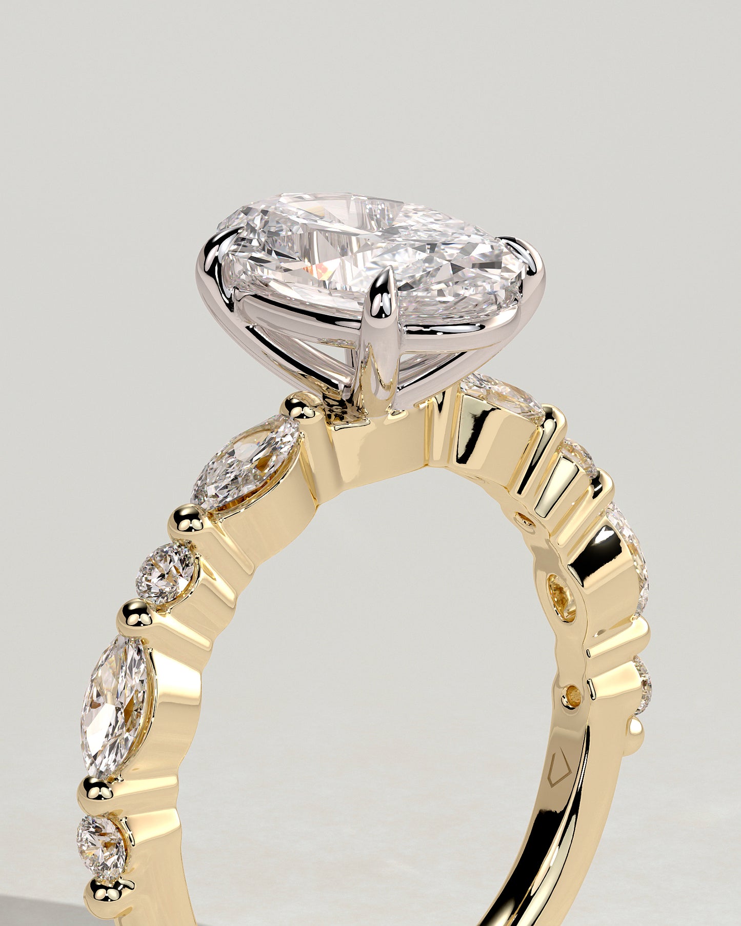 Alyssa - Oval Claw Solitaire with Marquise and Round Accent Stones Engagement Ring - Yellow Two-Tone - Yellow Two-Tone 2ct