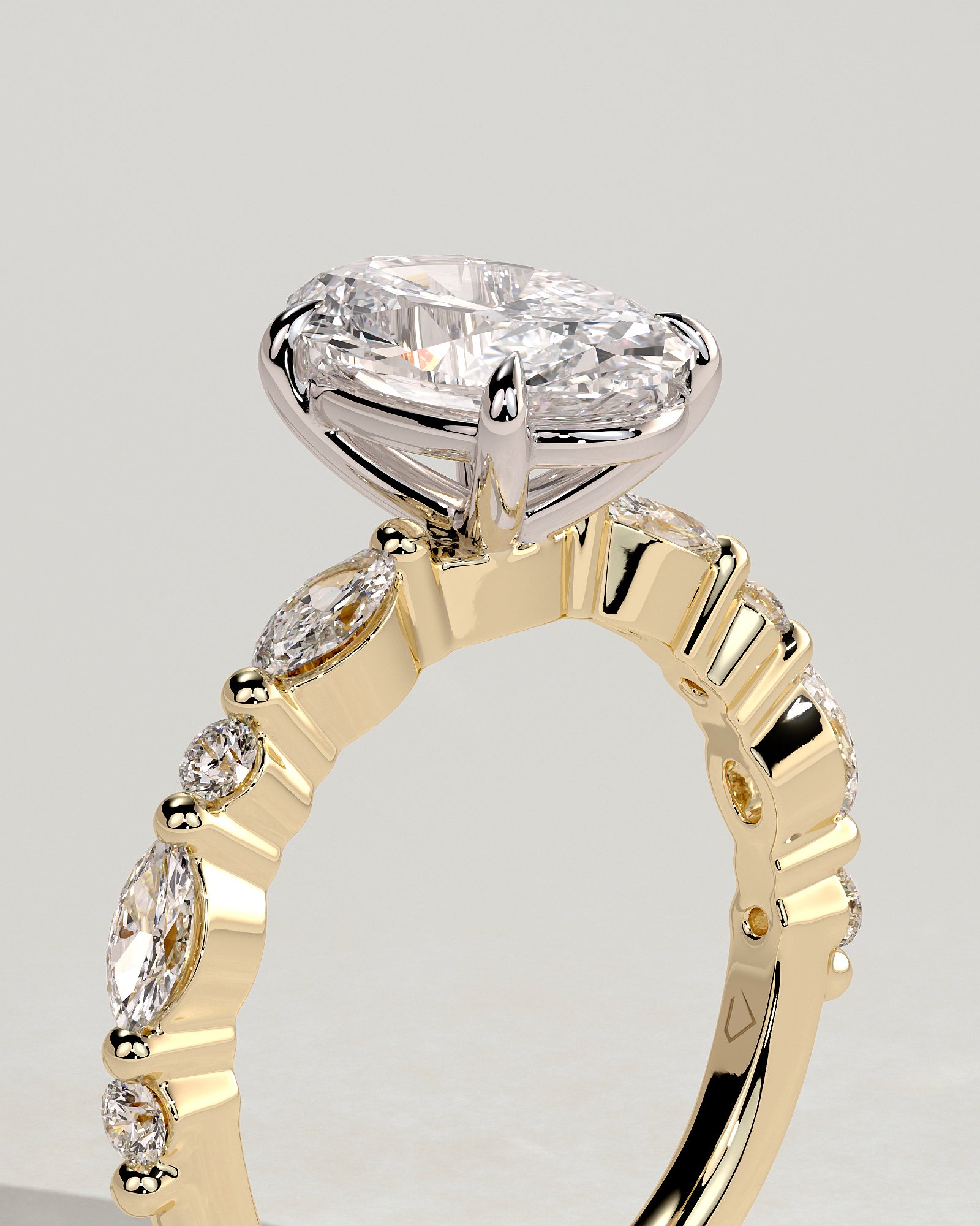 Alyssa - Oval Claw Solitaire with Marquise and Round Accent Stones Engagement Ring - Yellow Two-Tone - Yellow Two-Tone 2ct