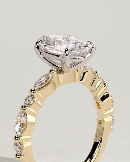Alyssa - Oval Claw Solitaire with Marquise and Round Accent Stones Engagement Ring - Yellow Two-Tone - yellow two-tone - Lara Jewels