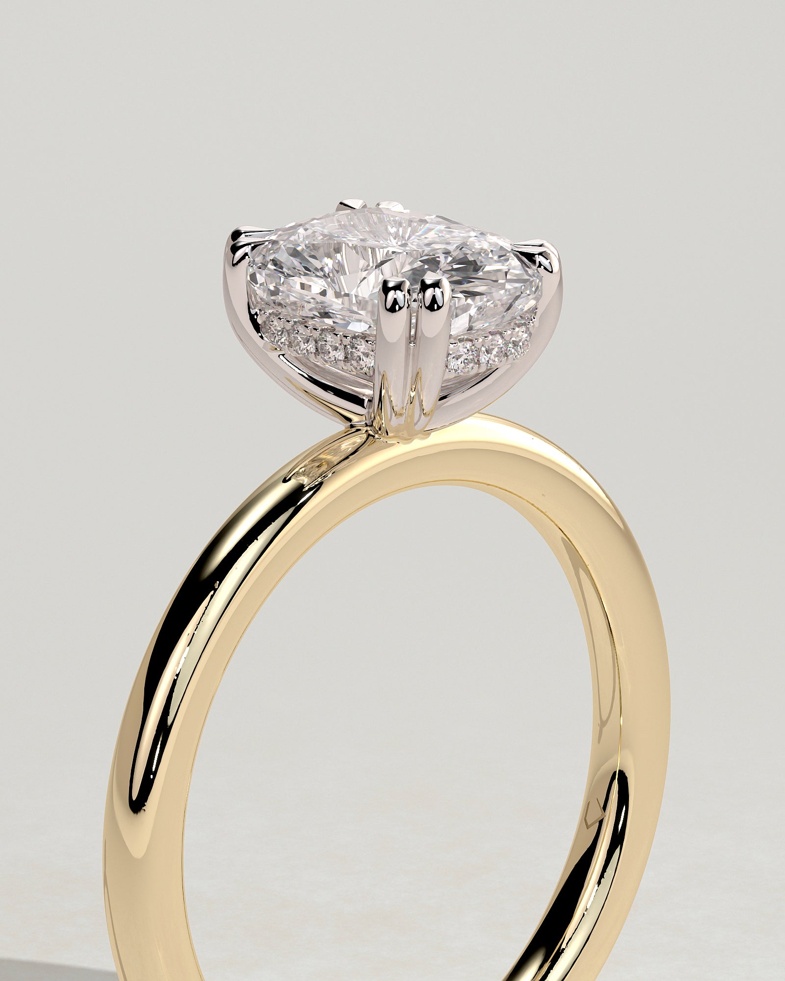 Aubrey - Elongated Cushion Double Claw Solitaire with Hidden Halo Engagement Ring - Yellow Two-Tone - Yellow Two-Tone 2ct