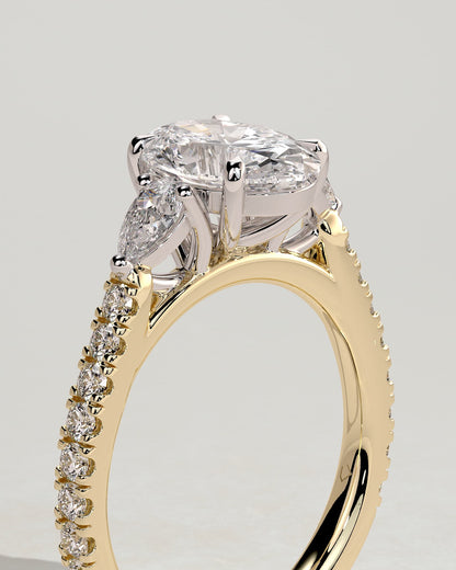 Arabella - Oval Claw Trilogy with Pear Side Stones and Pave Band Engagement Ring - Yellow Two-Tone - yellow two-tone - Lara Jewels