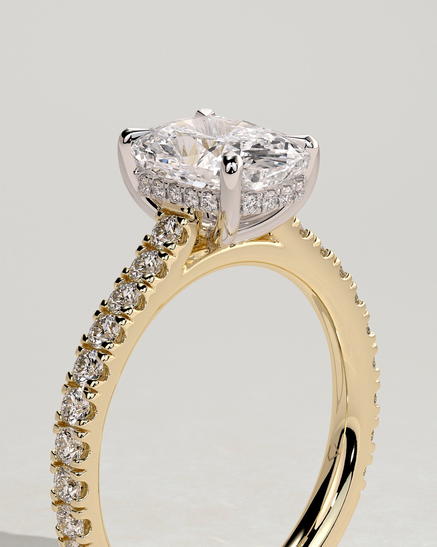 Annika - Elongated Cushion Claw Solitaire with Hidden Halo, Pave Band and Cathedral High Setting Engagement Ring - Yellow Two-Tone - Yellow Two-Tone 2ct