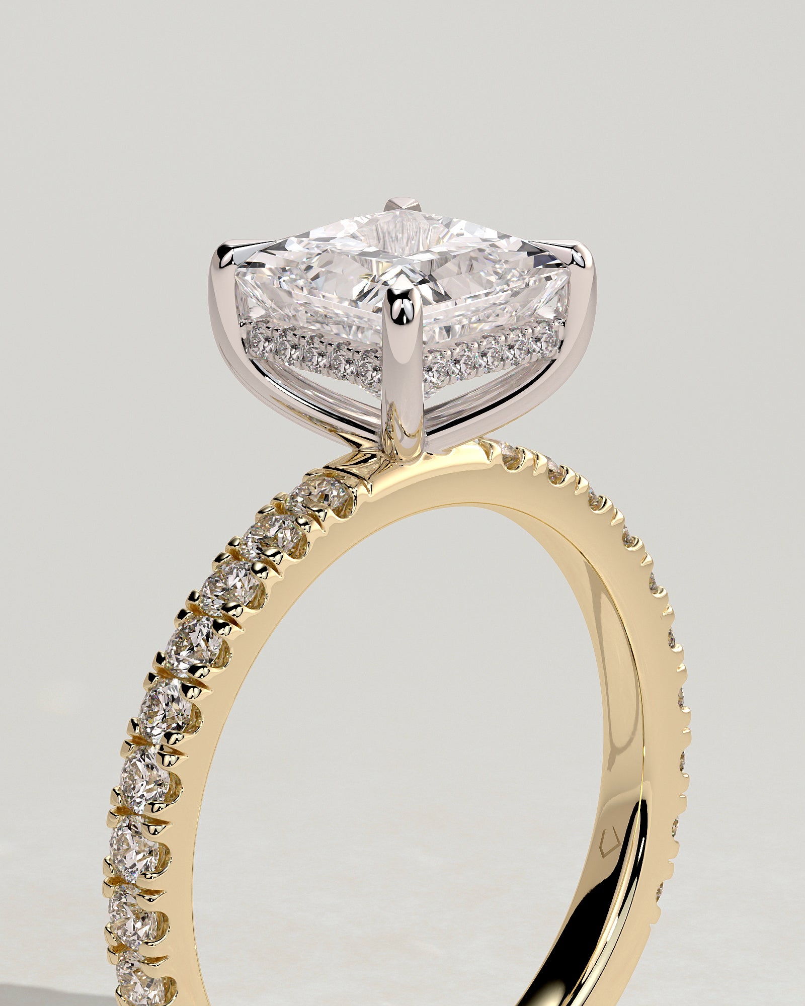 Annie - Princess Claw Solitaire with Hidden Halo and Pave Band Engagement Ring - Yellow Two-Tone - Yellow Two-Tone 2ct