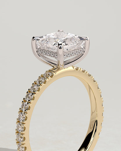 Annie - Princess Claw Solitaire with Hidden Halo and Pave Band Engagement Ring - Yellow Two-Tone - yellow two-tone - Lara Jewels