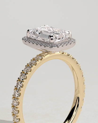 Analyce - Emerald Claw Solitaire with Halo and Pave Band Engagement Ring - Yellow Two-Tone