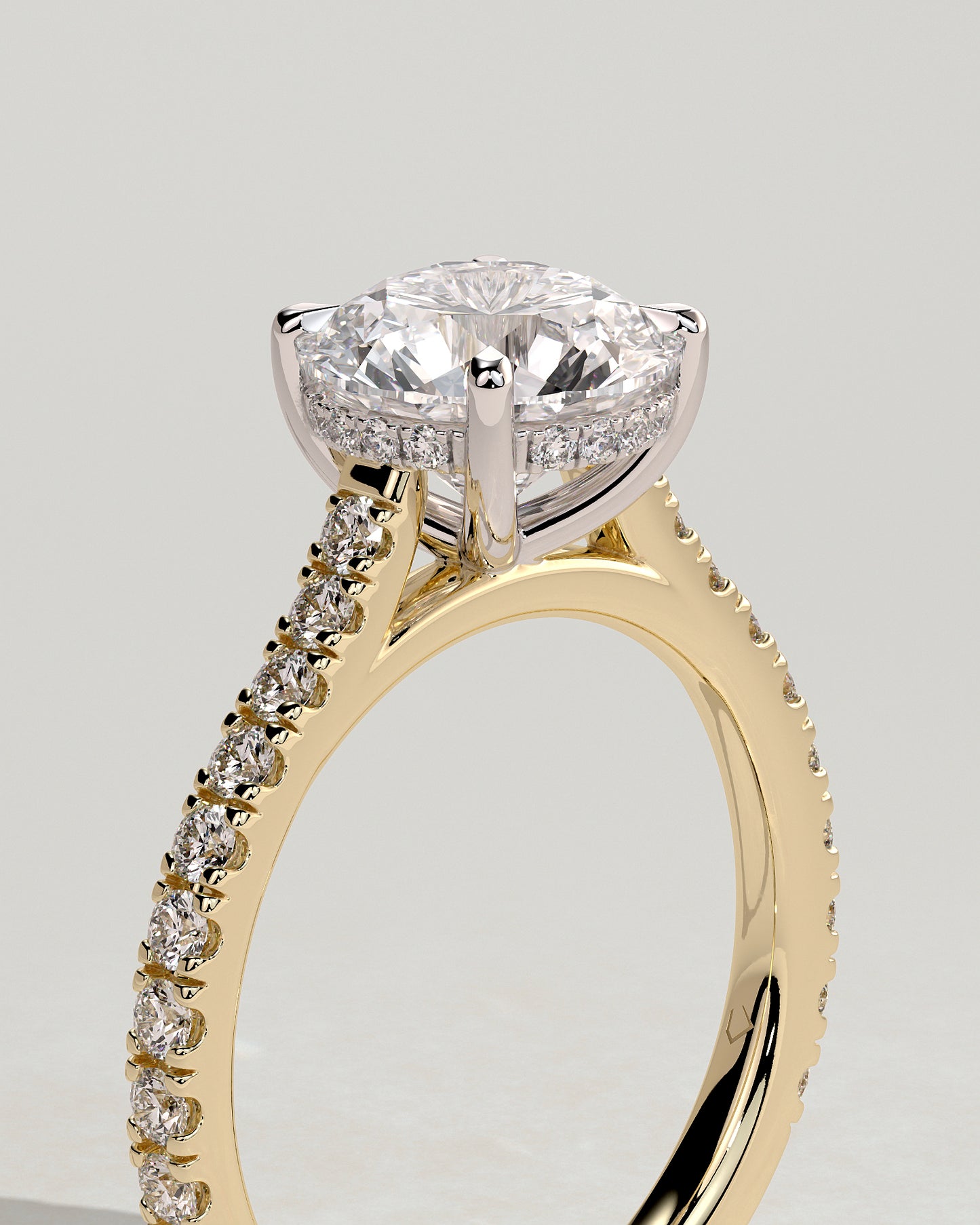 Ashlea - Round Claw Solitaire with Hidden Halo, Pave Band and Cathedral High Setting Engagement Ring - Yellow Two-Tone - Yellow Two-Tone 2ct