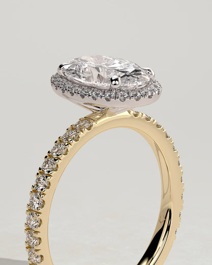 Aurora - Oval Claw Solitaire with Halo and Pave Band Engagement Ring - Yellow Two-Tone
