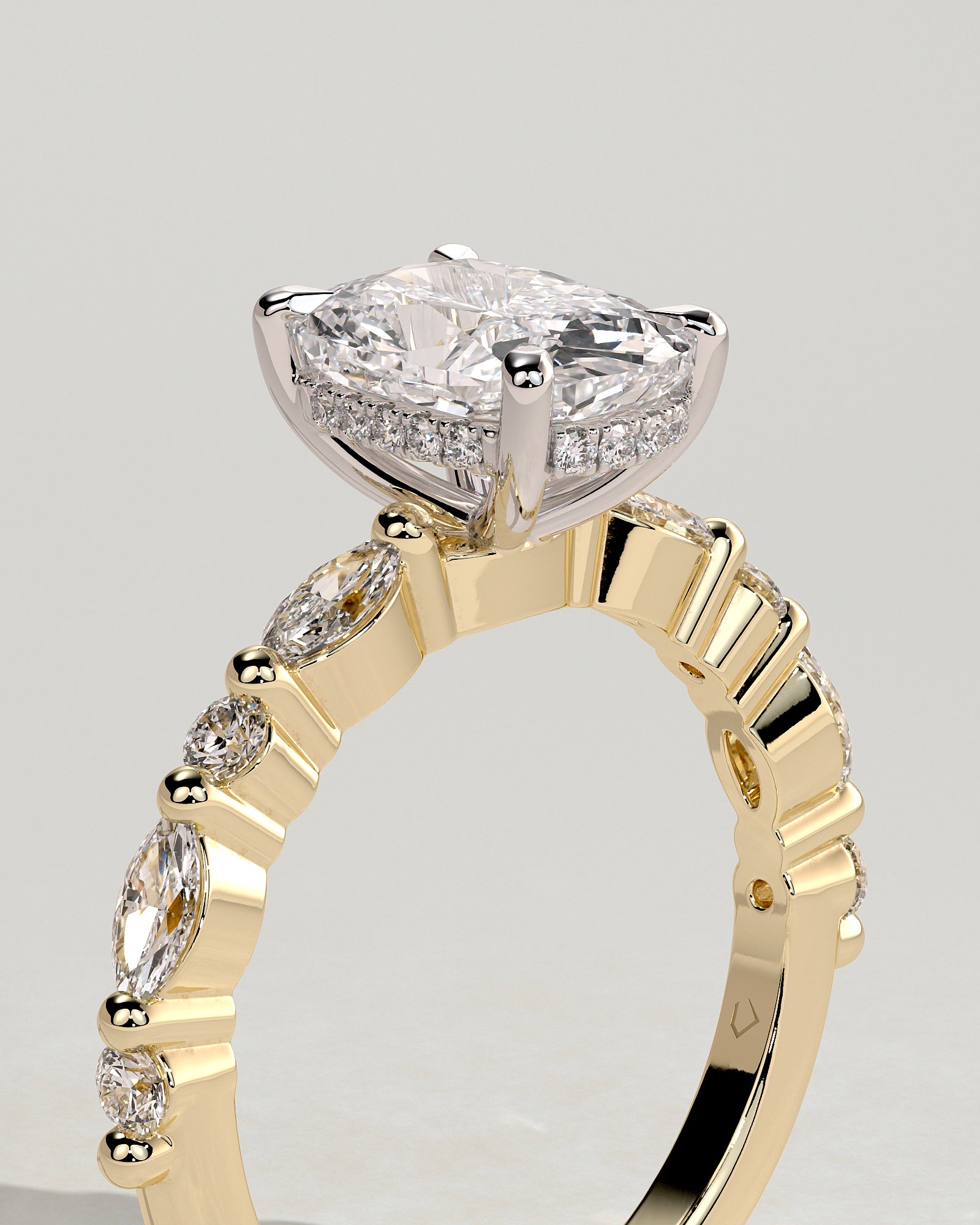 Cali - Elongated Cushion Claw Solitaire with Marquise-Round Accent Stones and Hidden Halo Engagement Ring - Yellow Two-Tone - Yellow Two-Tone 2ct