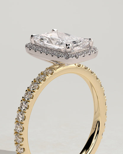 Catherine - Radiant Claw Solitaire with Halo and Pave Band Engagement Ring - Yellow Two-Tone
