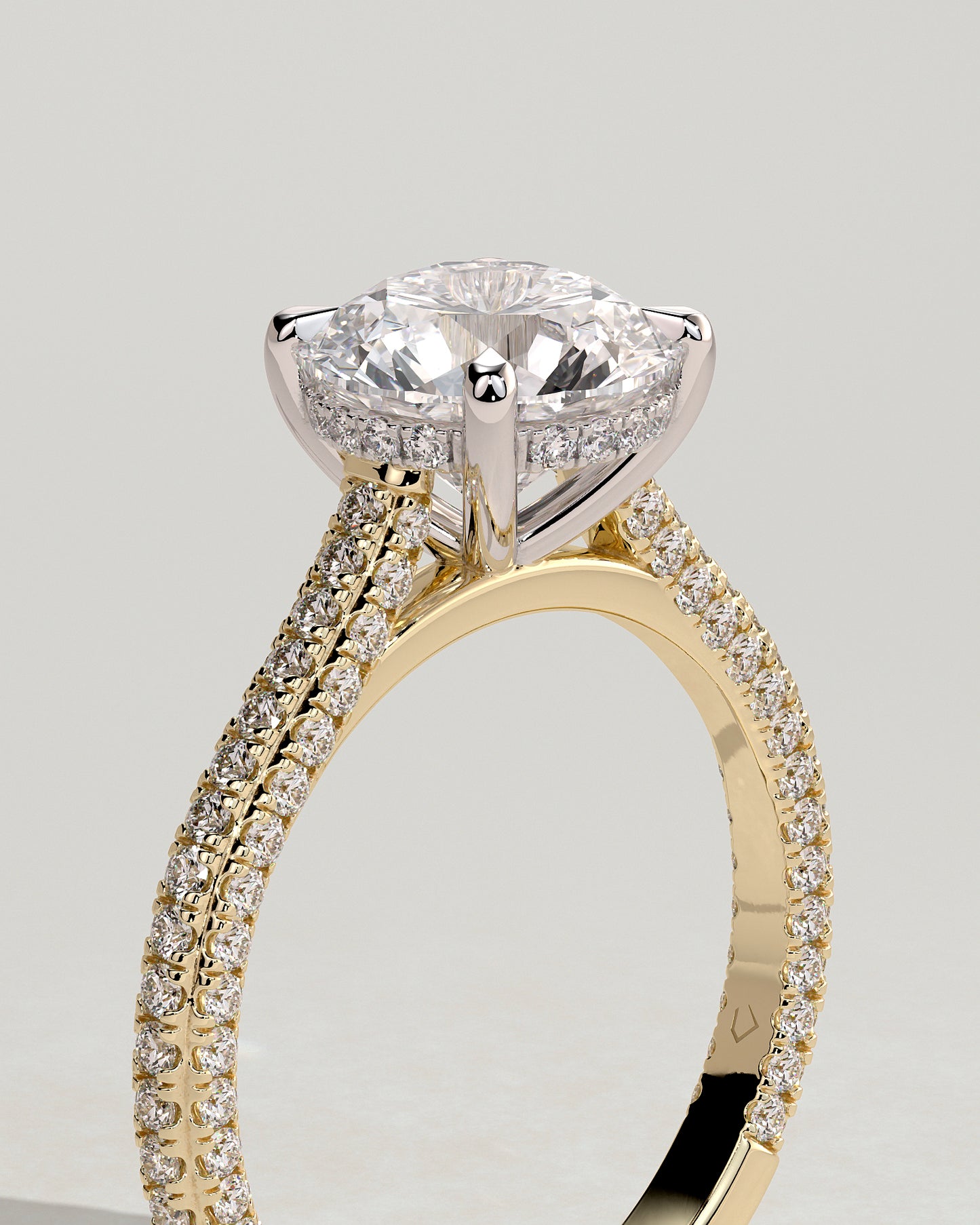 Chelsea - Round Claw Solitaire with Hidden Halo, Triple Pave Band and Cathedral High Setting Engagement Ring - Yellow Two-Tone - Yellow Two-Tone 2ct