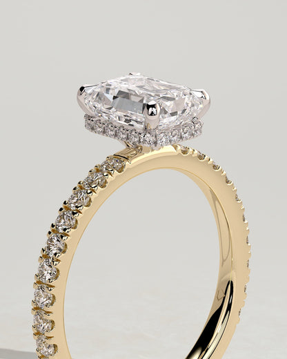 Eliana - Emerald Claw Solitaire with Wrap Around Hidden Halo and Pave Band Engagement Ring - Yellow Two-Tone