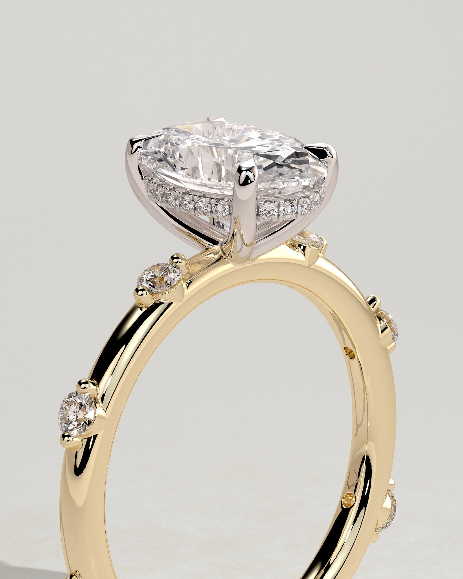 Elise - Oval Claw Solitaire with 6 Spaced Round Accent Stones and Hidden Halo Engagement Ring - Yellow Two-Tone - Yellow Two-Tone 2ct