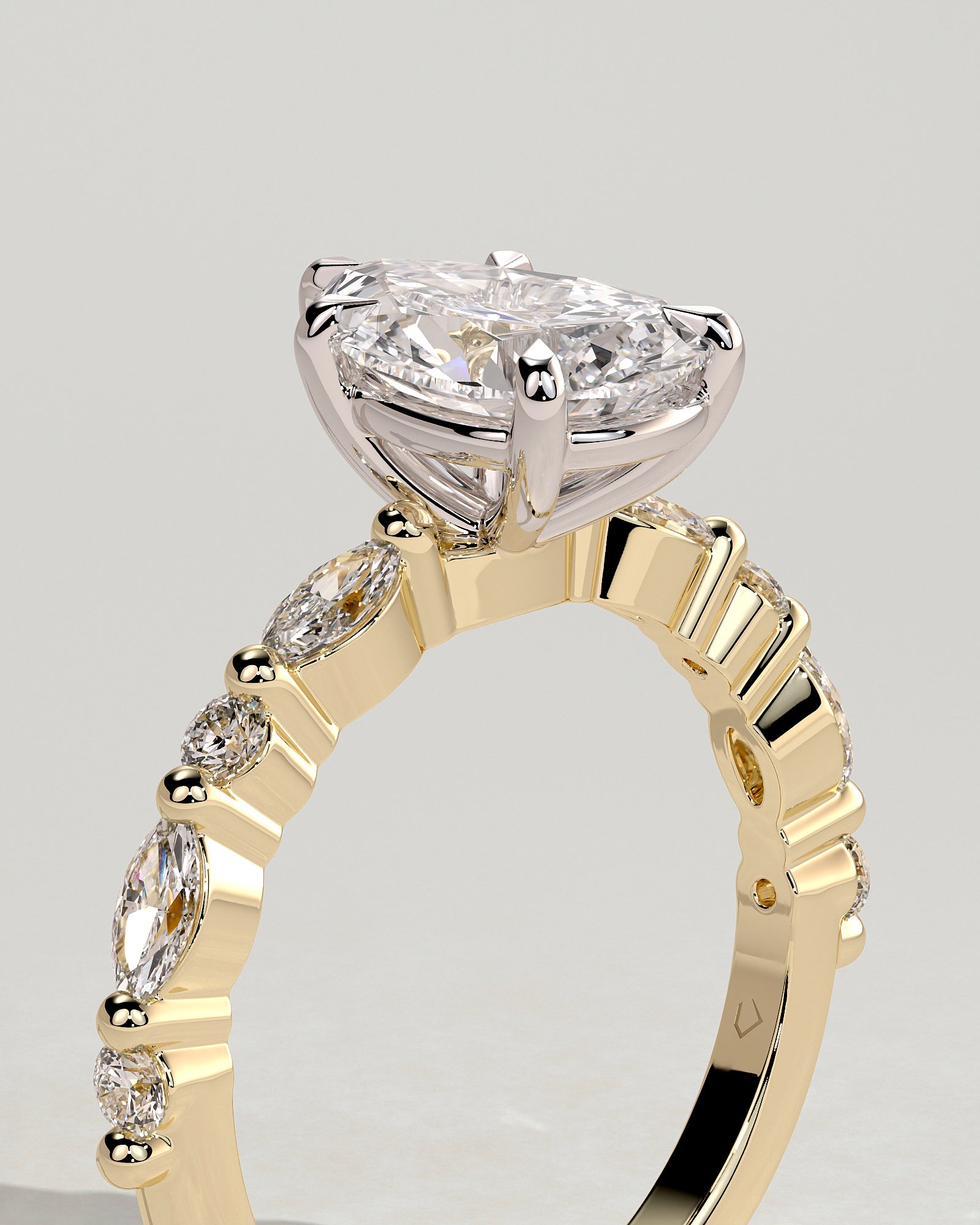 Jacinta - Pear Claw Solitaire with Marquise and Round Accent Stones Engagement Ring - Yellow Two-Tone - Yellow Two-Tone 2ct