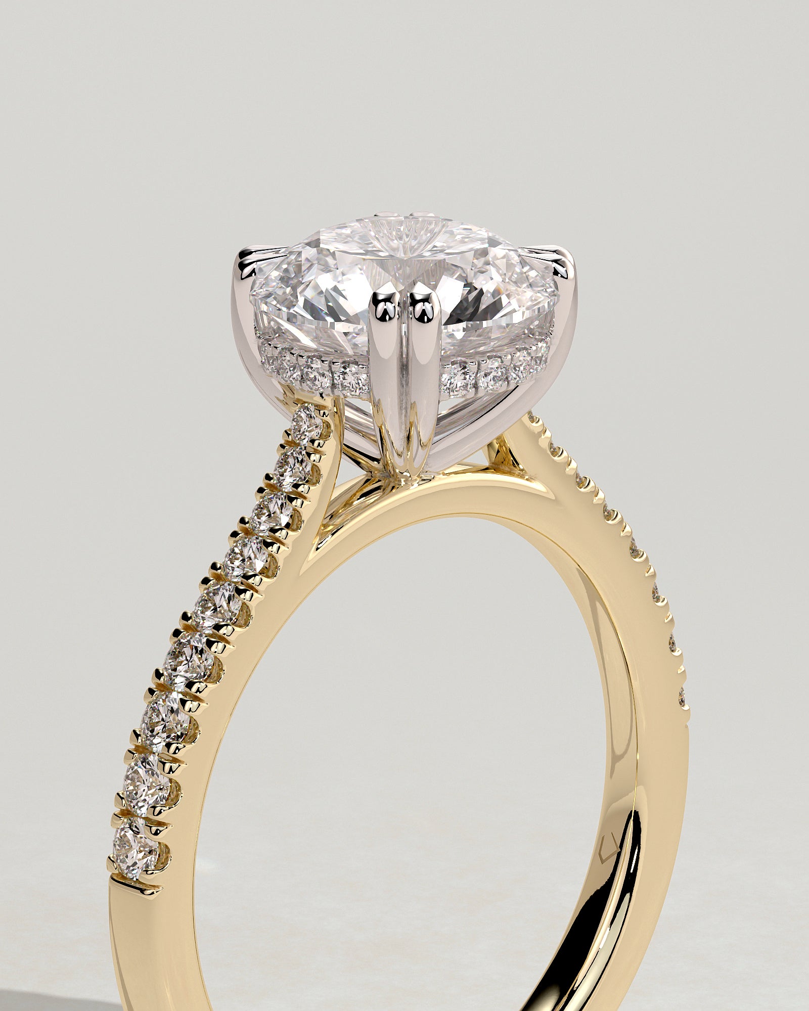 Amelia - Round Double Claw Solitaire with Hidden Halo, Tapered Pave Band and Cathedral High Setting Engagement Ring - Yellow Two-Tone - Yellow Two-Tone 2ct
