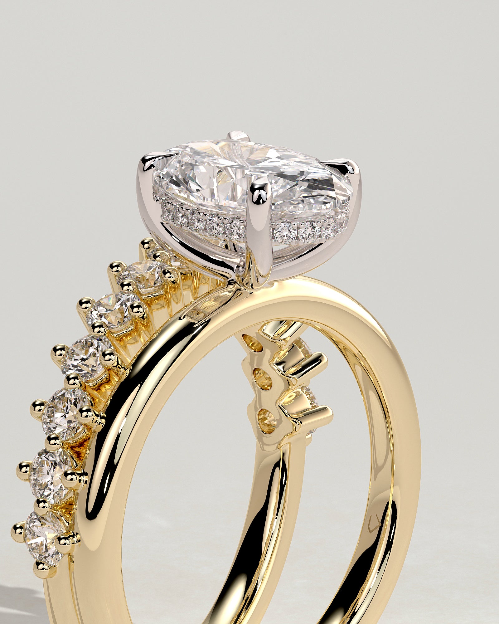 Athena - Oval Claw Solitaire with Double Plain-and-Round-Accent Stones Band Engagement Ring - Yellow Two-Tone - Yellow Two-Tone 2ct