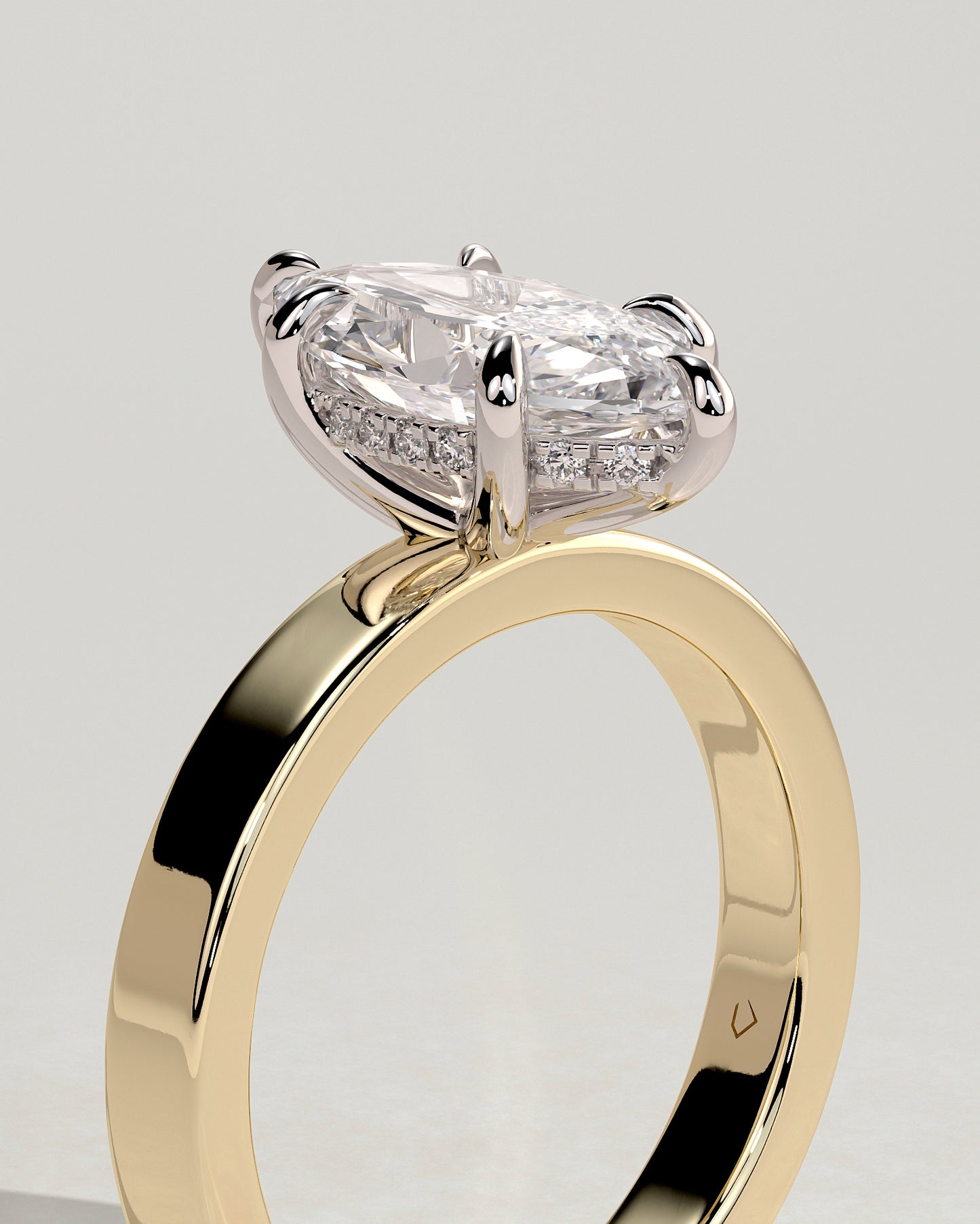 Aisha - Marquise Claw Solitaire with Flat Cigar Band and Hidden Halo Engagement Ring - Yellow Two-Tone - Yellow Two-Tone 2ct