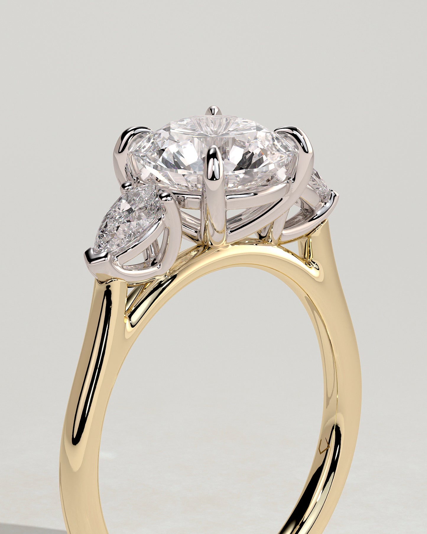 Arya - Round Claw Trilogy with Pear Side Stones and Cathedral Setting Engagement Ring - Yellow Two-Tone - Yellow Two-Tone 2ct
