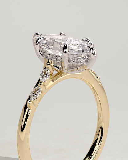 Elsie - Marquise Claw Solitaire with Hidden Halo, Opposing Marquise Accents and Cathedral High Setting Engagement Ring - Yellow Two-Tone