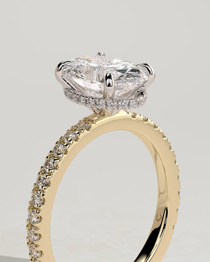 Evangeline - Oval Claw Solitaire with Wrap Around Hidden Halo and Pave Band Engagement Ring - Yellow Two-Tone