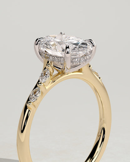 Jamie - Oval Claw Solitaire with Hidden Halo, Opposing Marquise Accents and Cathedral High Setting Engagement Ring - Yellow Two-Tone