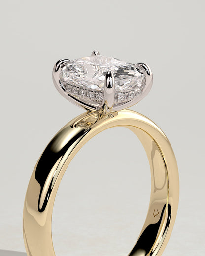 Cora - Elongated Cushion Claw Solitaire with Cigar Band and Hidden Halo Engagement Ring - Yellow Two-Tone