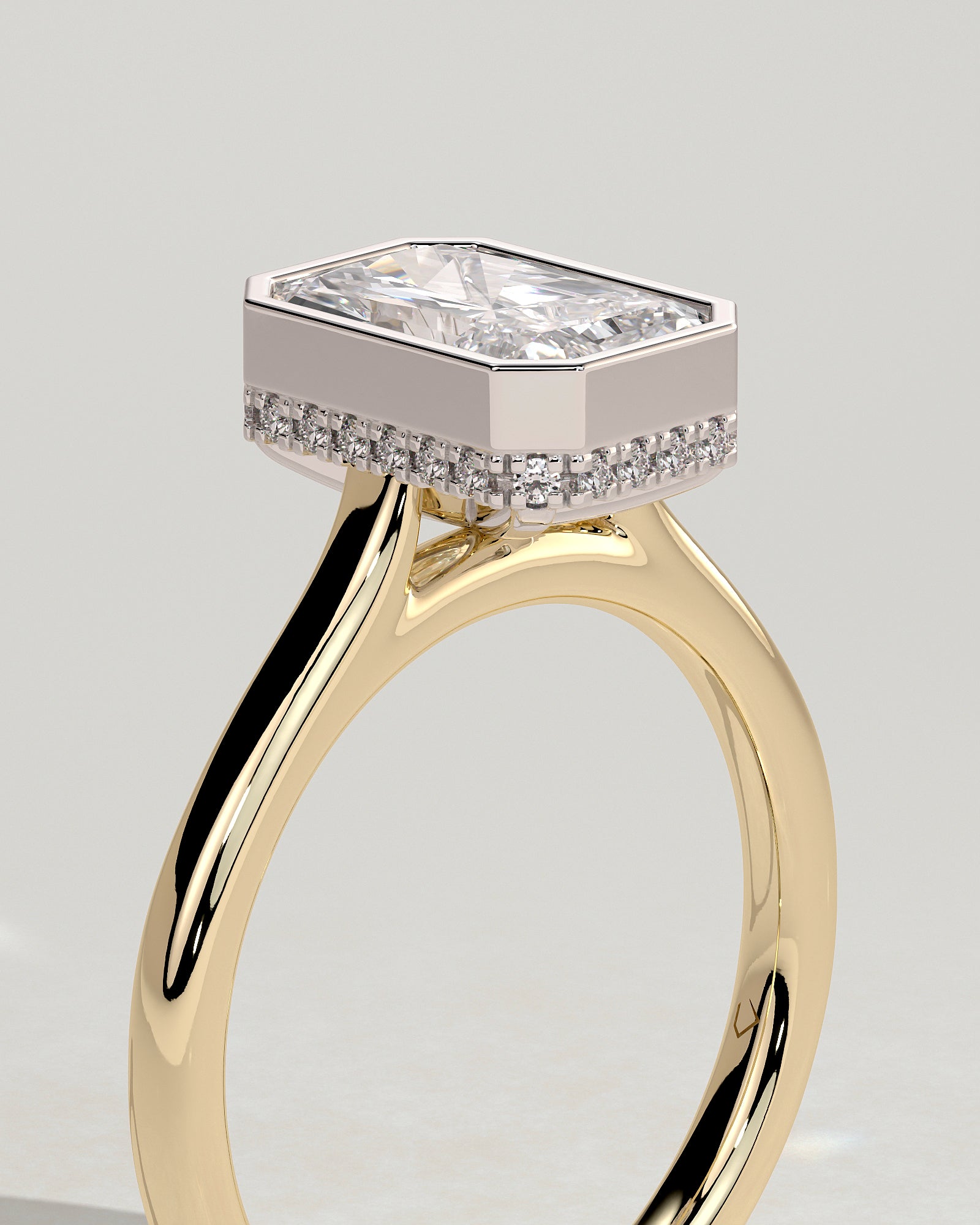 Bennie - Radiant Bezel Solitaire with Hidden Halo and Cathedral High Setting Engagement Ring - Yellow Two-Tone - Yellow Two-Tone 2ct