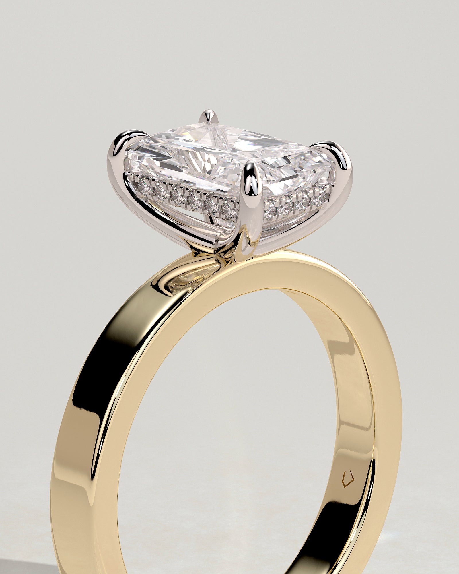 Aida - Radiant Claw Solitaire with Flat Cigar Band and Hidden Halo Engagement Ring - Yellow Two-Tone - Yellow Two-Tone 2ct