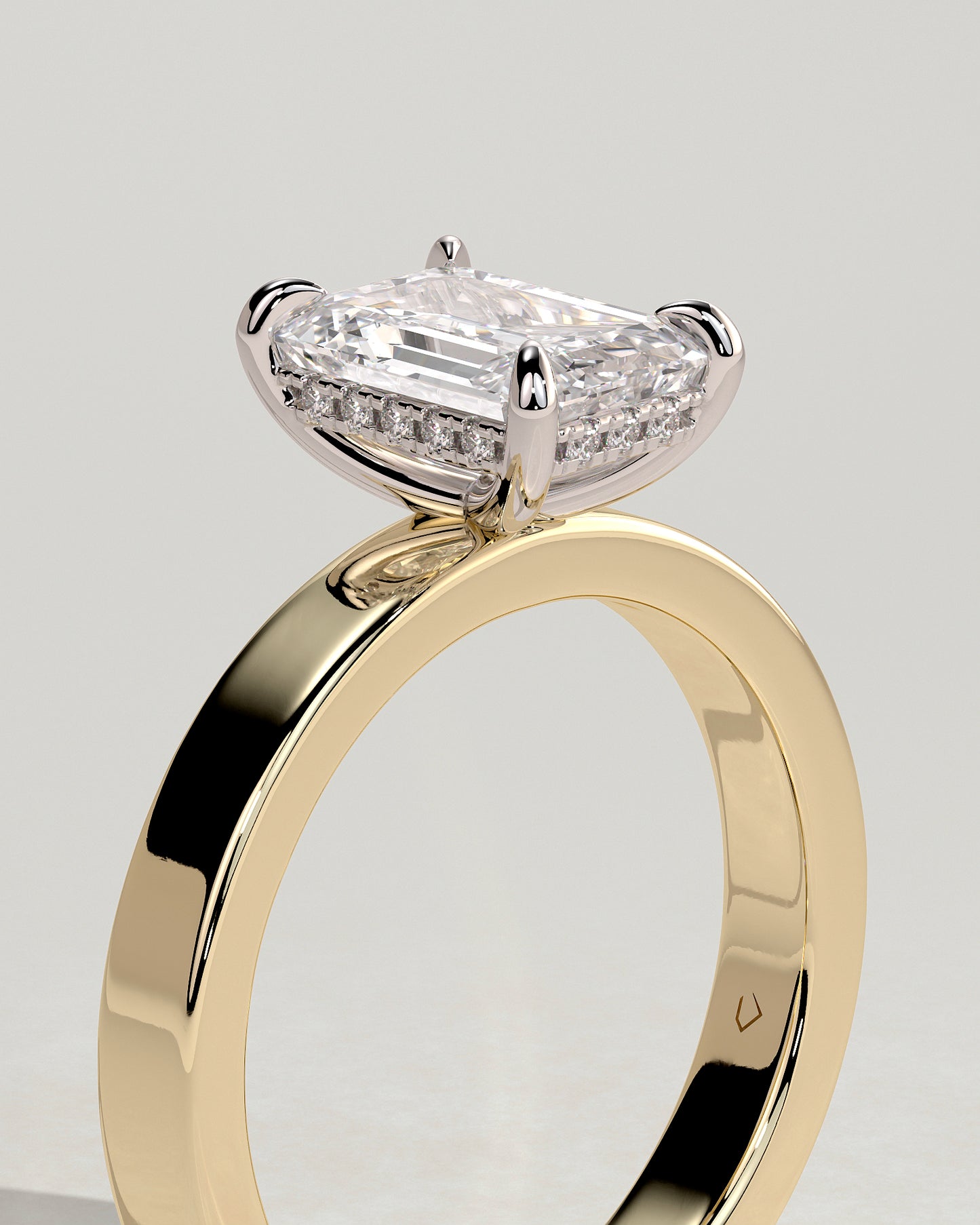 Carmella - Emerald Claw Solitaire with Flat Cigar Band and Hidden Halo Engagement Ring - Yellow Two-Tone - Yellow Two-Tone 2ct