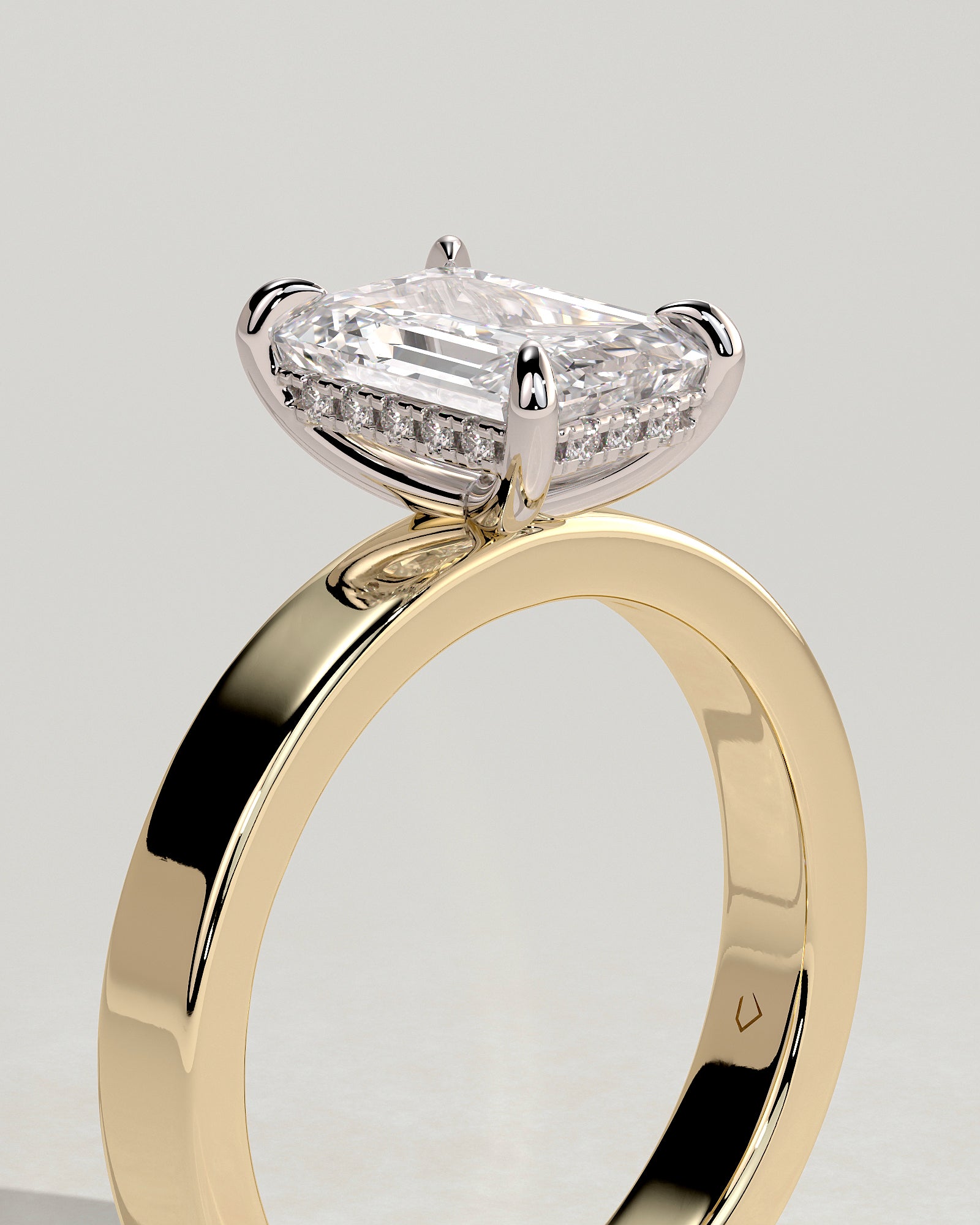 Carmella - Emerald Claw Solitaire with Flat Cigar Band and Hidden Halo Engagement Ring - Yellow Two-Tone - Yellow Two-Tone 2ct