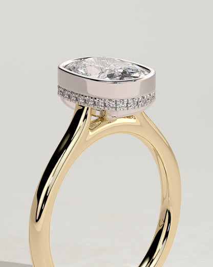 Everleigh - Elongated Cushion Bezel Solitaire with Hidden Halo and Cathedral High Setting Engagement Ring - Yellow Two-Tone