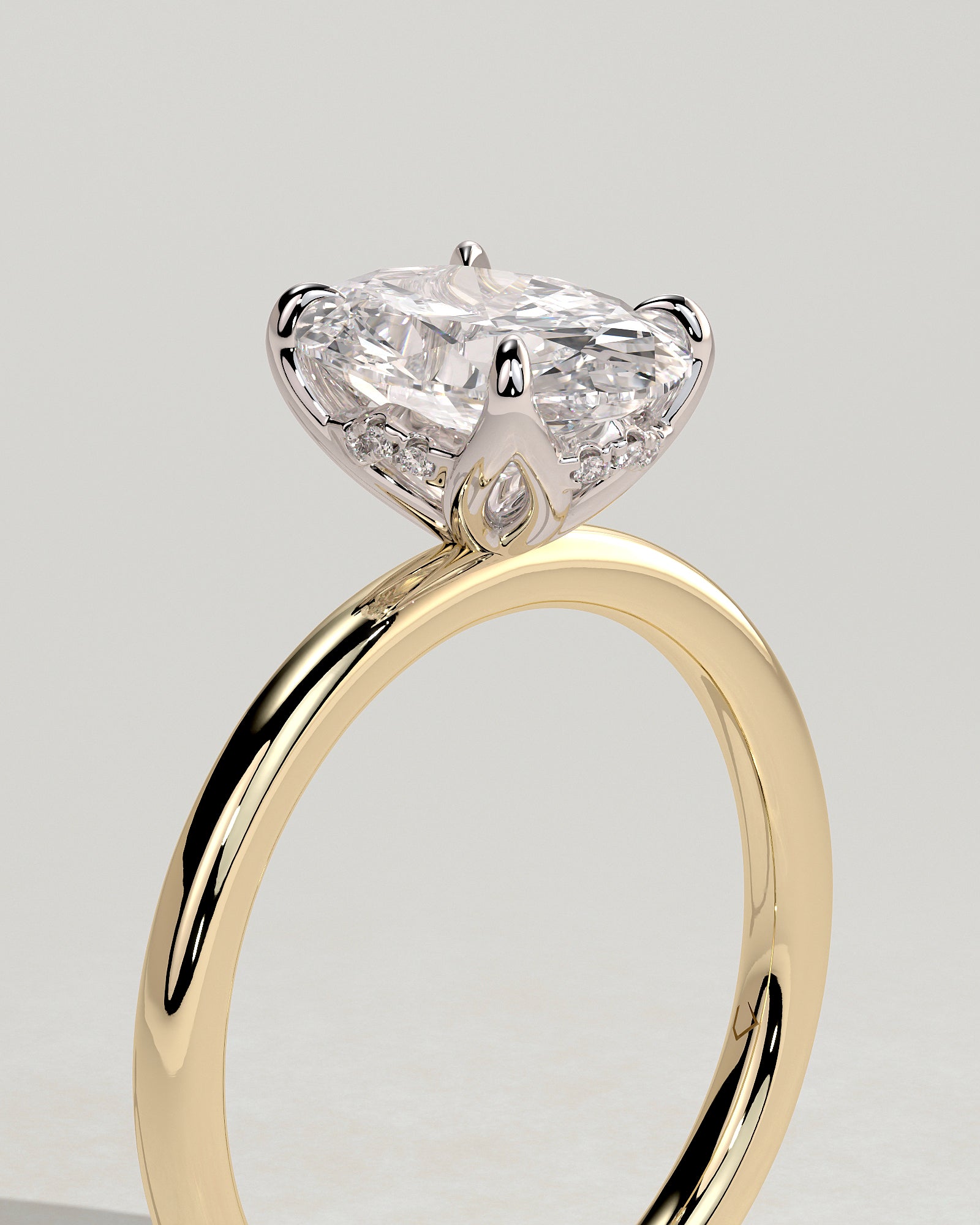 Ivy - Oval Claw Solitaire with Petal Gallery and Accented Tiara Detail Engagement Ring - Yellow Two-Tone - Yellow Two-Tone 2ct