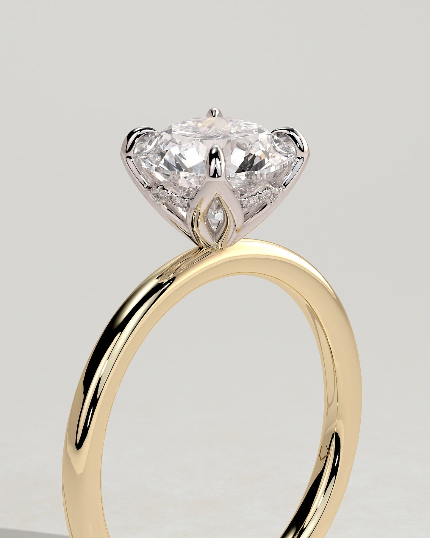 Dahlia - Round Claw Solitaire with Petal Gallery and Accented Tiara Detail Engagement Ring - Yellow Two-Tone