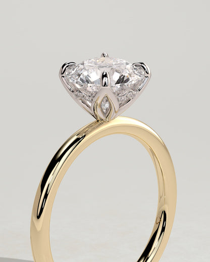 Dahlia - Round Claw Solitaire with Petal Gallery and Accented Tiara Detail Engagement Ring - Yellow Two-Tone