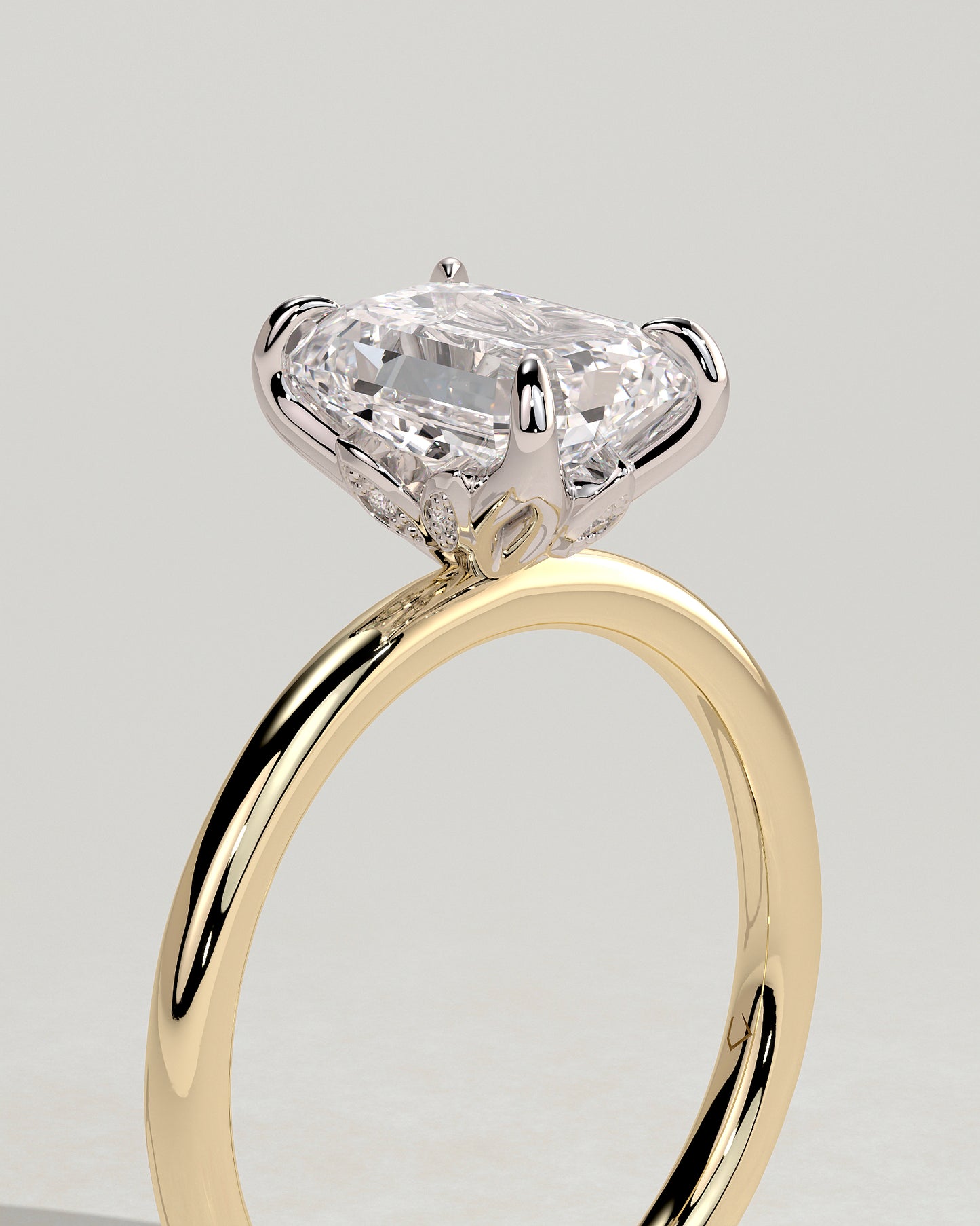 Dove - Emerald Claw Solitaire with Petal Gallery and Accent Leaf Detail Engagement Ring - Yellow Two-Tone - Yellow Two-Tone 2ct