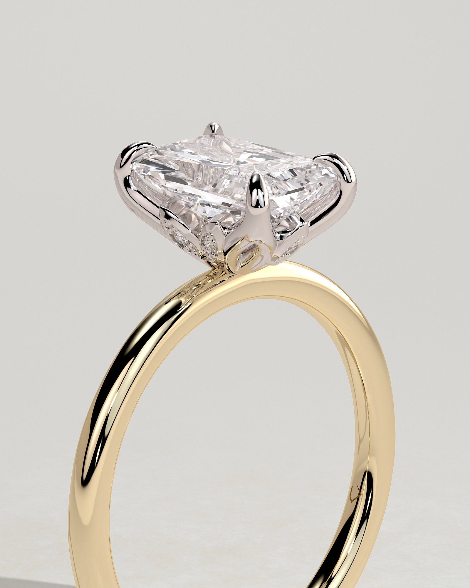Evie - Radiant Claw Solitaire with Petal Gallery and Accent Leaf Detail Engagement Ring - Yellow Two-Tone - Yellow Two-Tone 2ct