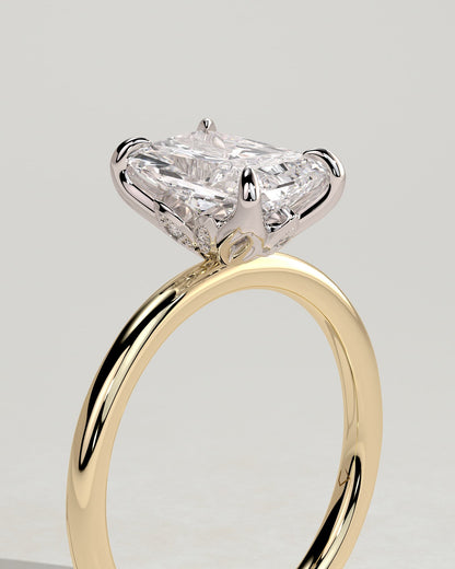Evie - Radiant Claw Solitaire with Petal Gallery and Accent Leaf Detail Engagement Ring - Yellow Two-Tone