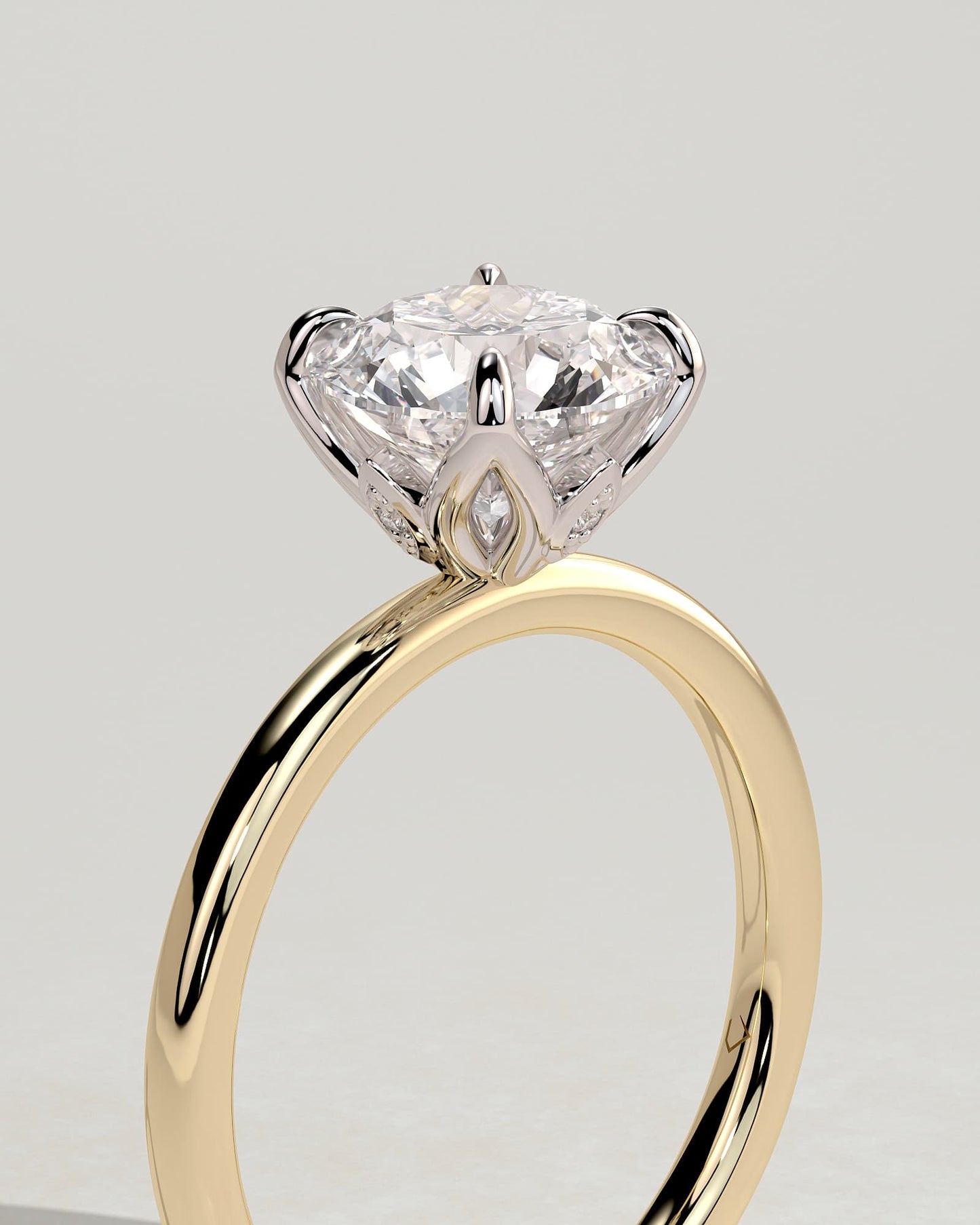Joy - Round Claw Solitaire with Petal Gallery and Accent Leaf Detail Engagement Ring - Yellow Two-Tone