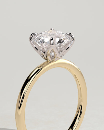 Joy - Round Claw Solitaire with Petal Gallery and Accent Leaf Detail Engagement Ring - Yellow Two-Tone