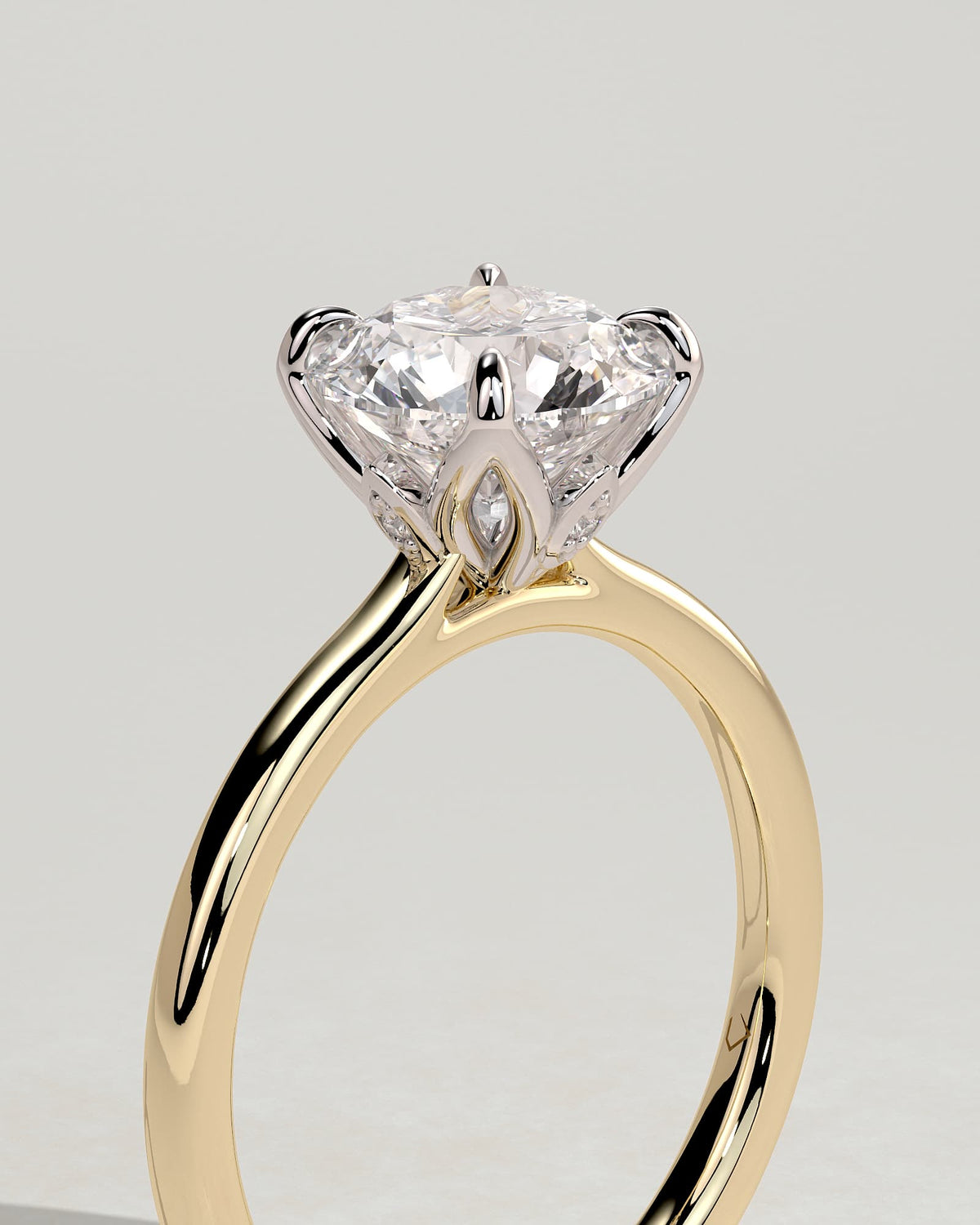 Brianna - Round Claw Solitaire with Petal Gallery, Accent Leaf Detail and Cathedral Setting Engagement Ring - Yellow Two-Tone